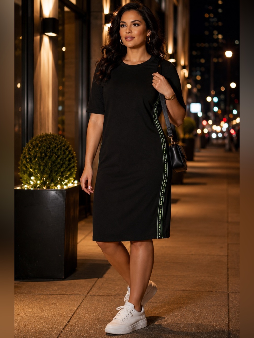 DKNY L130206 Black Green Logo Side Tape T-Shirt Midi Dress | Size XL